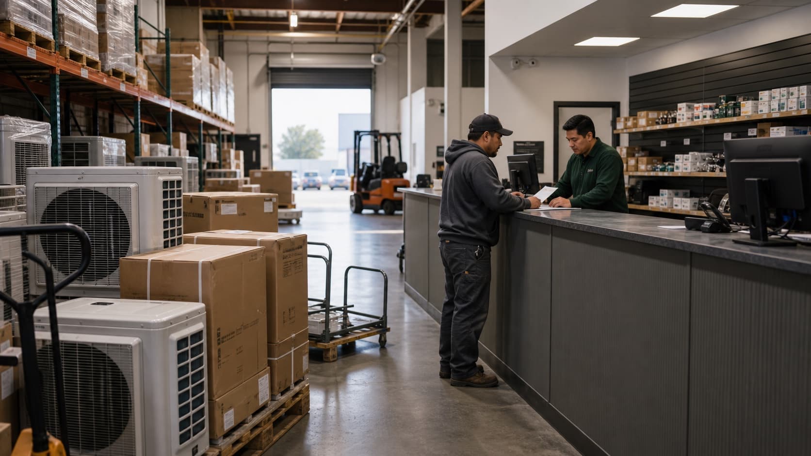 HVAC contractor reviewing a will-call pickup order at a supply counter