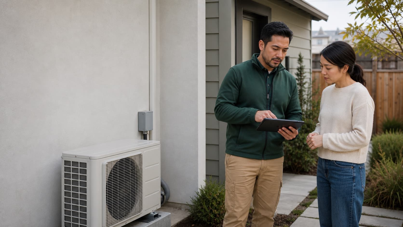 Bay Area homeowner reviewing heat pump options with a qualified local installer