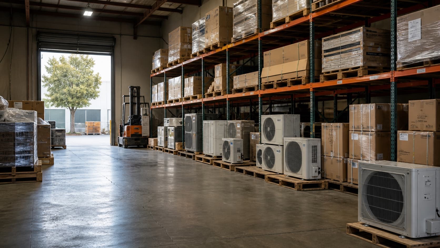 Organized Newark HVAC warehouse with stocked heat pump equipment