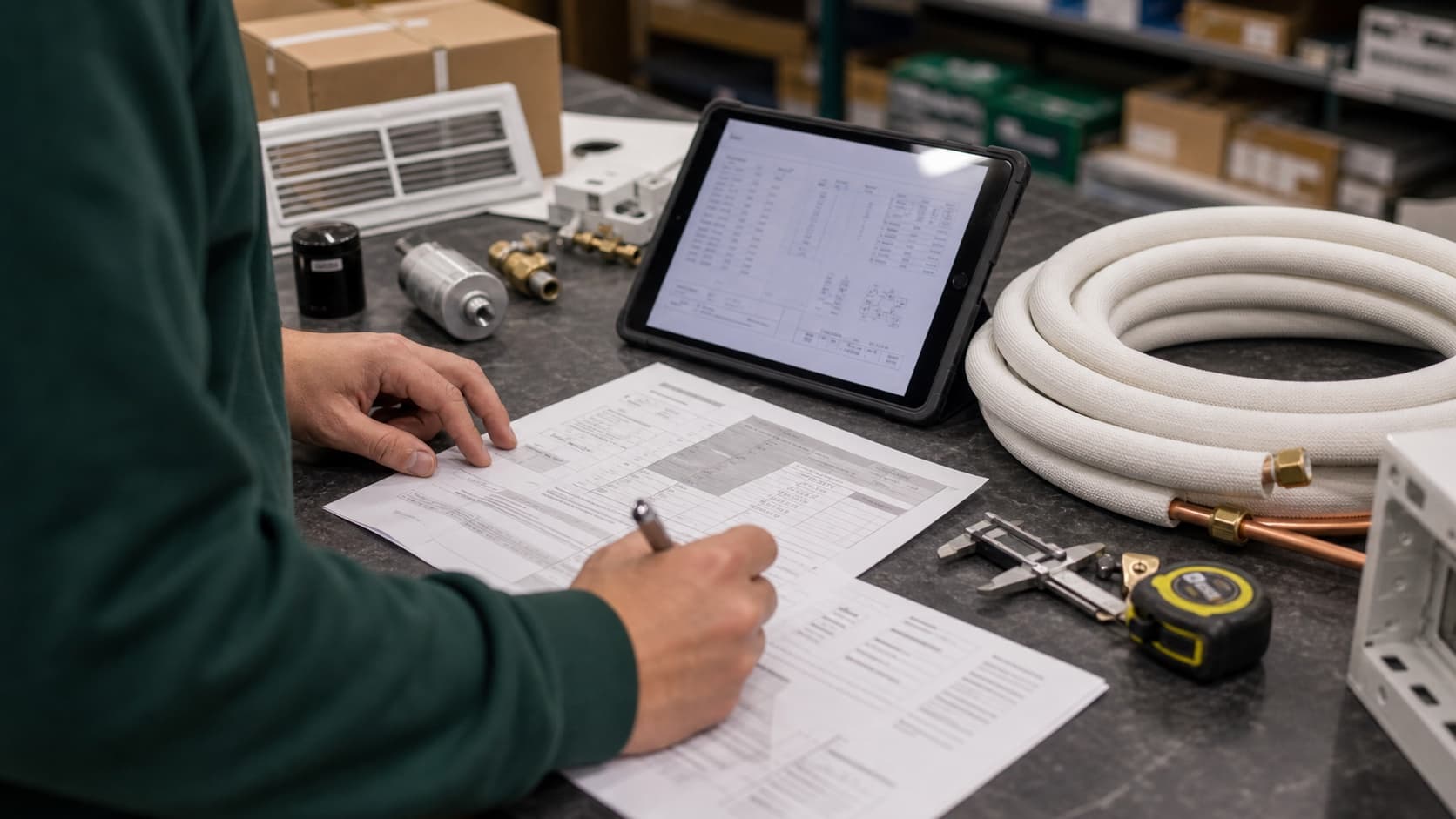 HVAC quote preparation with spec sheets and installation materials
