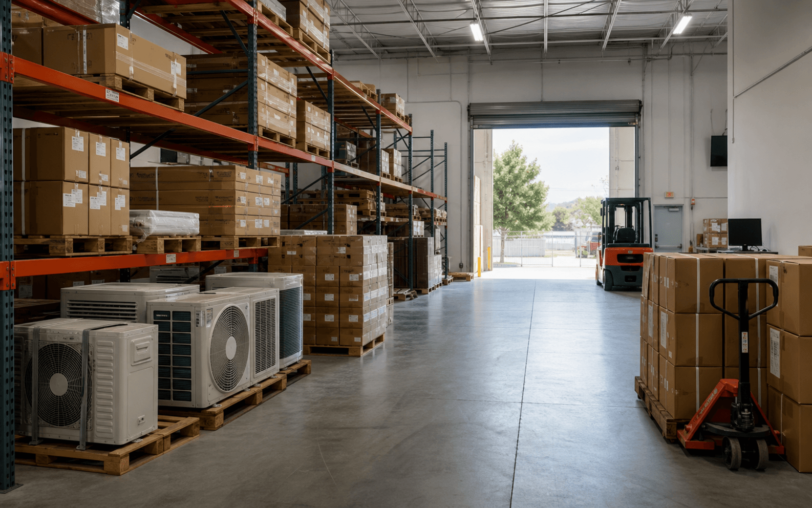 Organized HVAC warehouse fulfillment area with stocked equipment